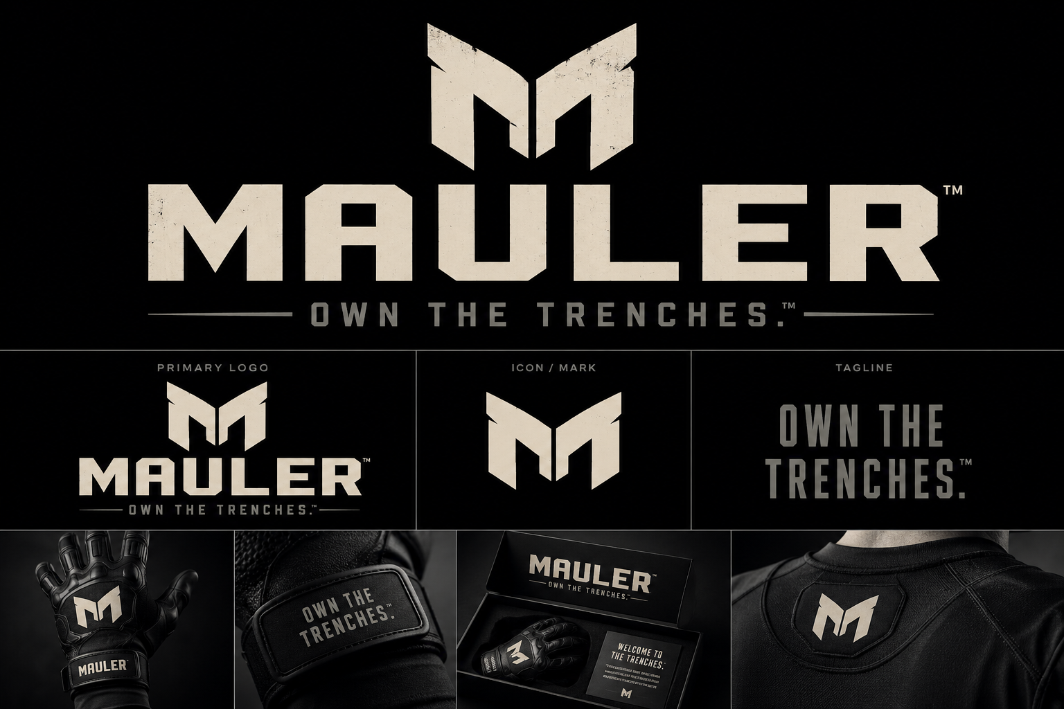 MAULER brand identity board: primary logo, winged M icon, OWN THE TRENCHES tagline, and product mockups on gloves, wrist straps, packaging and apparel